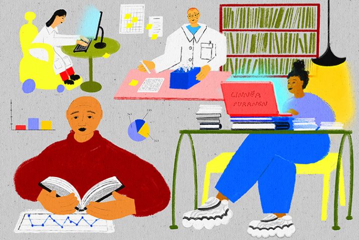 Texter om forskning. Illustration av Linnea Puranen.